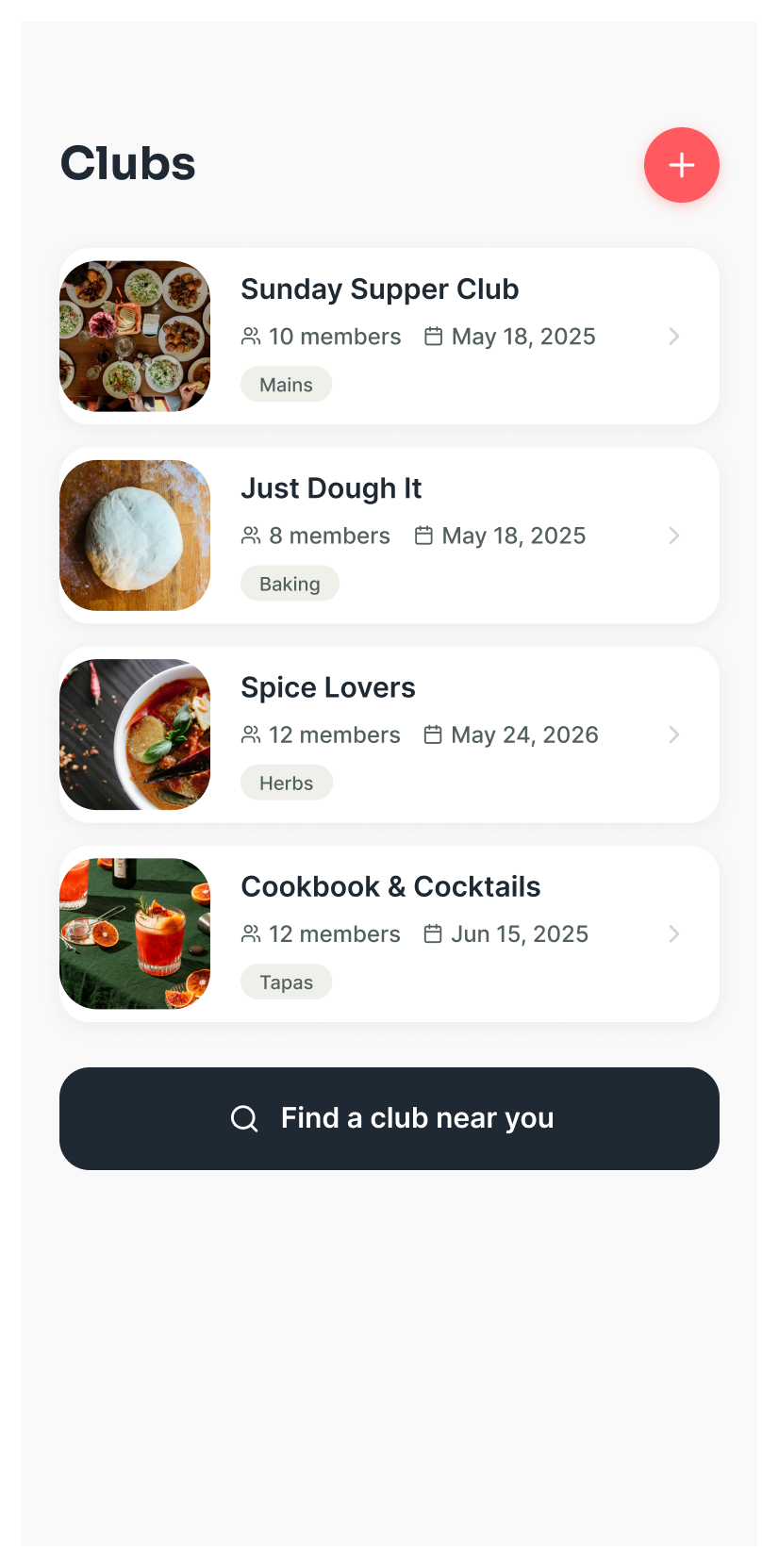 First version of the Clubs landing screen: a single flat list of clubs with a Find a club near you button.