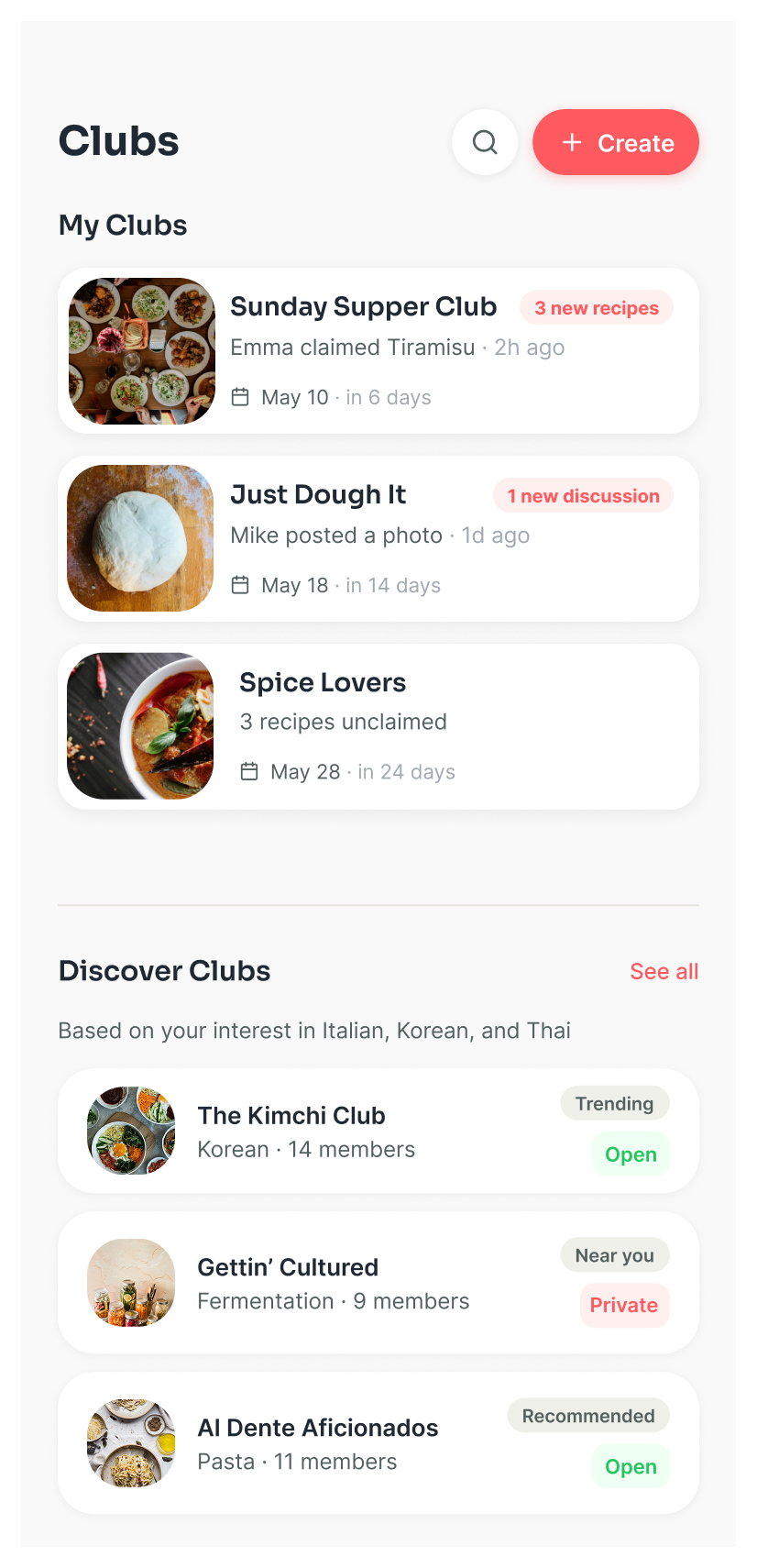 Iterated Clubs landing screen split into two sections: My Clubs at the top with activity, and Discover Clubs below with recommendations.