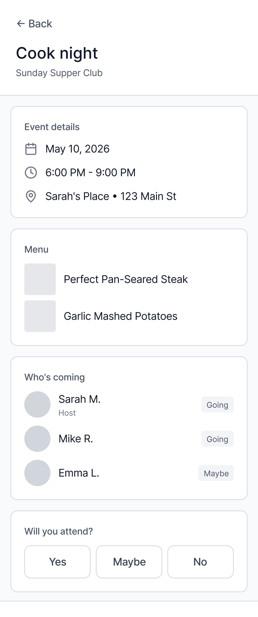 Event details screen: date, time, place, the menu people are cooking from, who is coming, and the attend options.