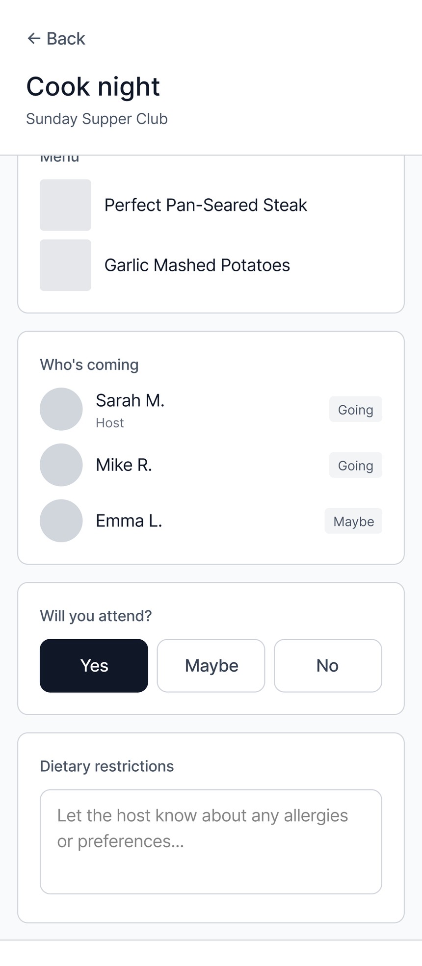 RSVP screen: Yes, Maybe, or No in one tap, with an optional dietary-restrictions note and a Confirm RSVP button.