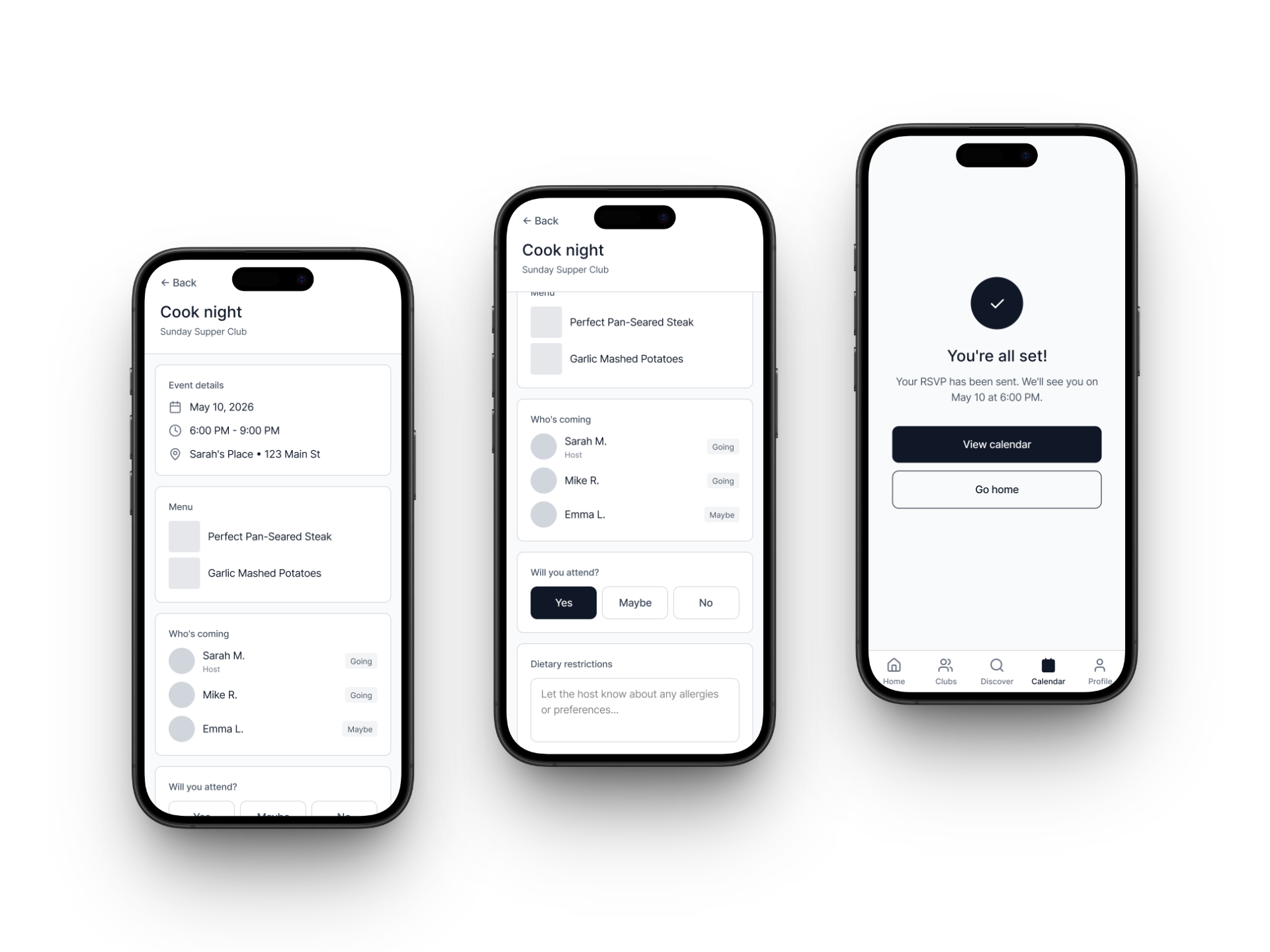 Three high-fidelity screens of the event flow: event details with date, time, location, and menu; an RSVP screen with Yes, Maybe, No and a dietary-restrictions field; and an All set confirmation.