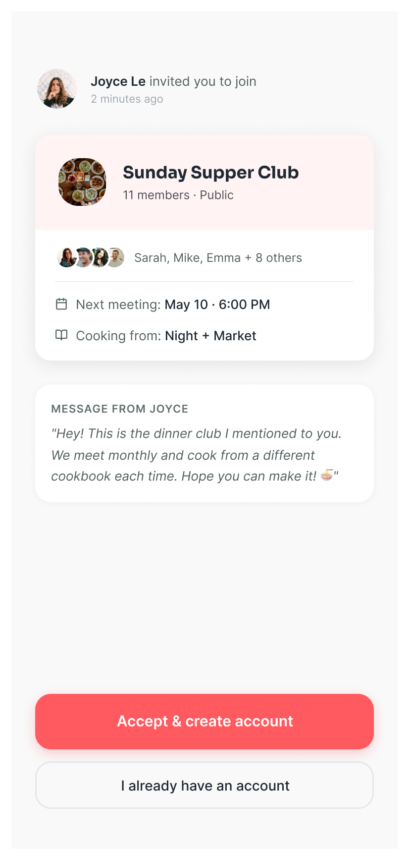 Invitation screen: Joyce Le invited you to join Sunday Supper Club, with Accept and create account or I already have an account.