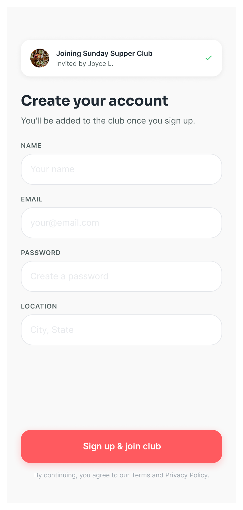 Create your account screen with name, email, password, and location fields, and a Sign up and join club button.