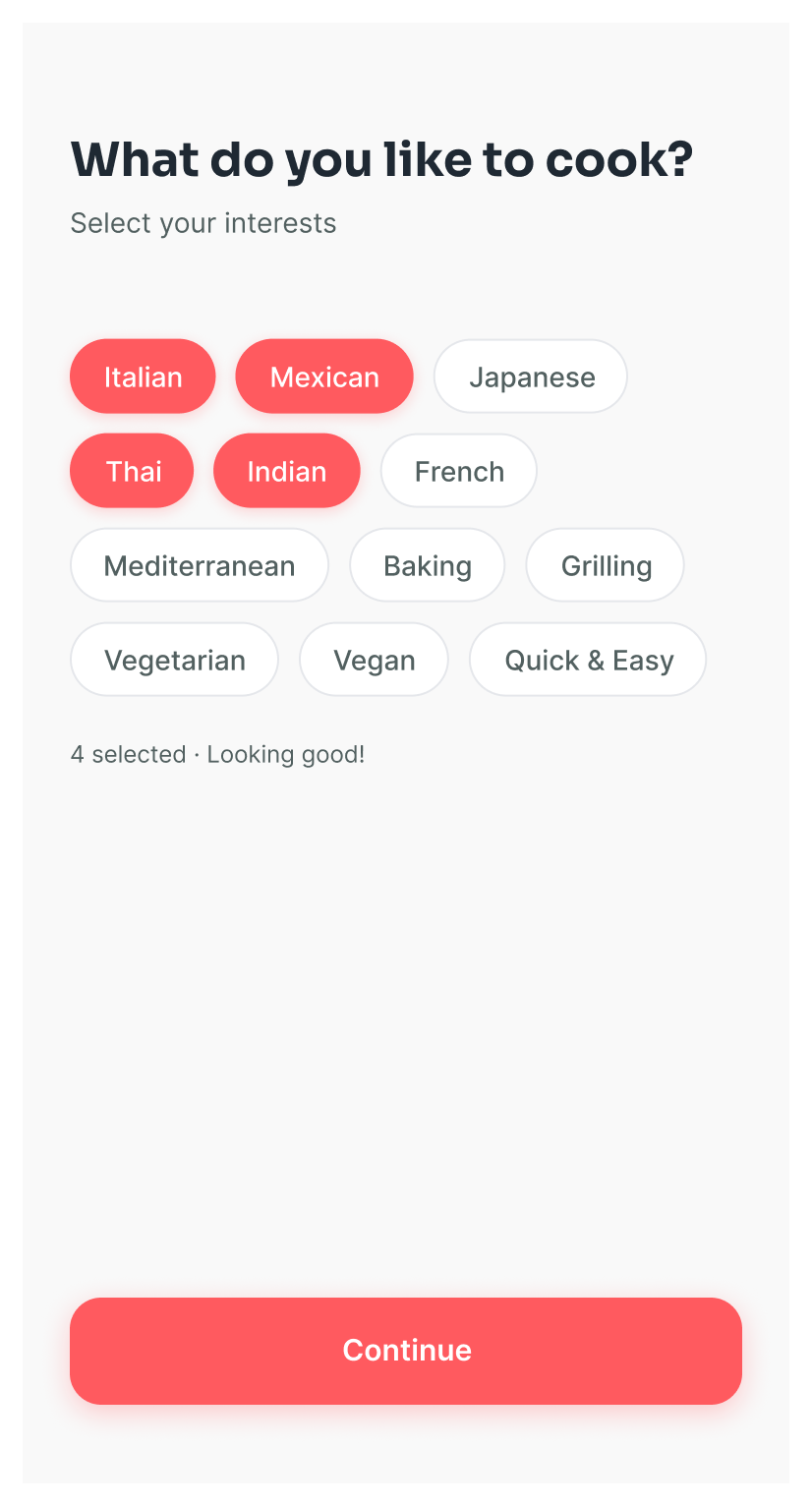 What do you like to cook screen: selectable cuisine and cooking interest chips with a Continue button.