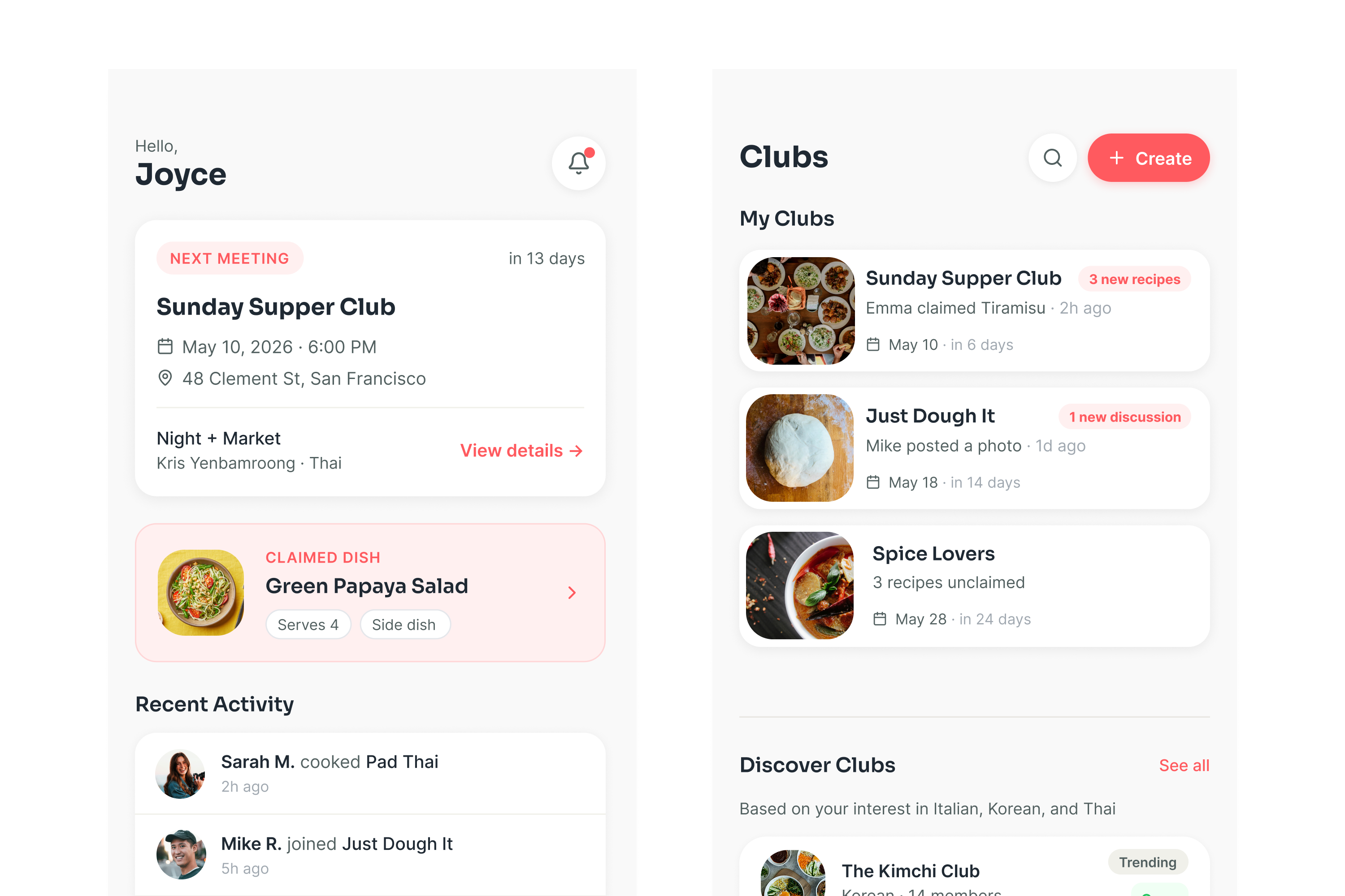 Two Cookbook Club screens: the home screen with the next club meeting and the dish you have claimed, and the Clubs screen listing your clubs alongside clubs to discover.