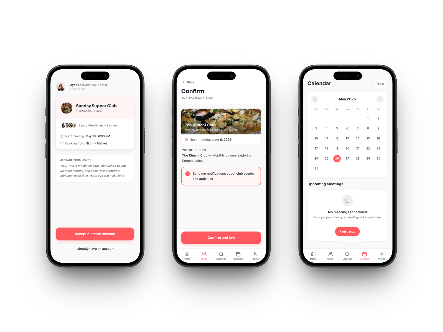 High-fidelity Cookbook Club screens across three iPhones: a club invitation to Sunday Supper Club, the confirm-and-join screen for The Kimchi Club, and the calendar with upcoming meetings.
