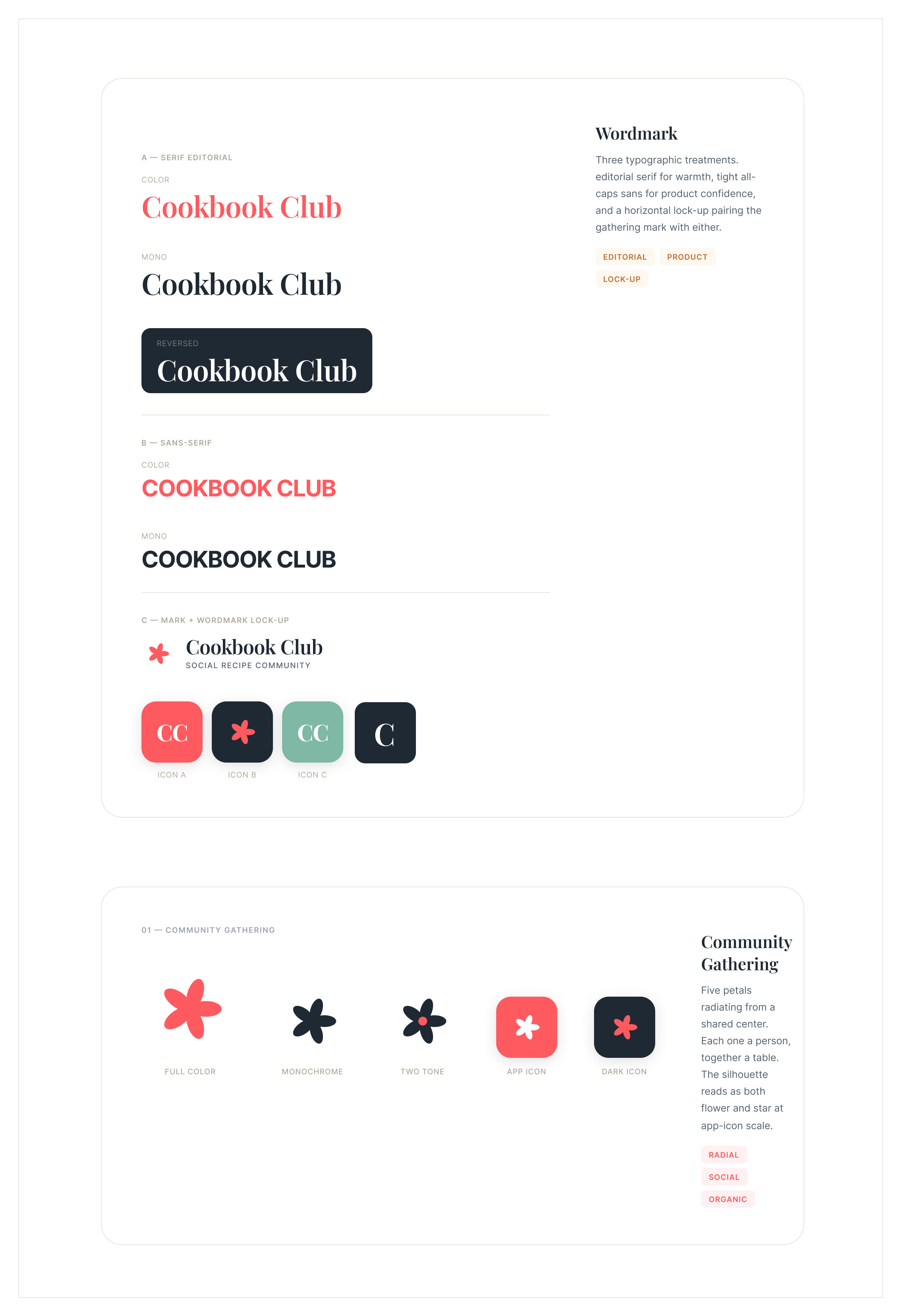 Cookbook Club logo system: serif editorial and all-caps sans wordmarks, a mark-plus-wordmark lock-up, app icons, and the five-petal community gathering mark in full color, monochrome, and two-tone.
