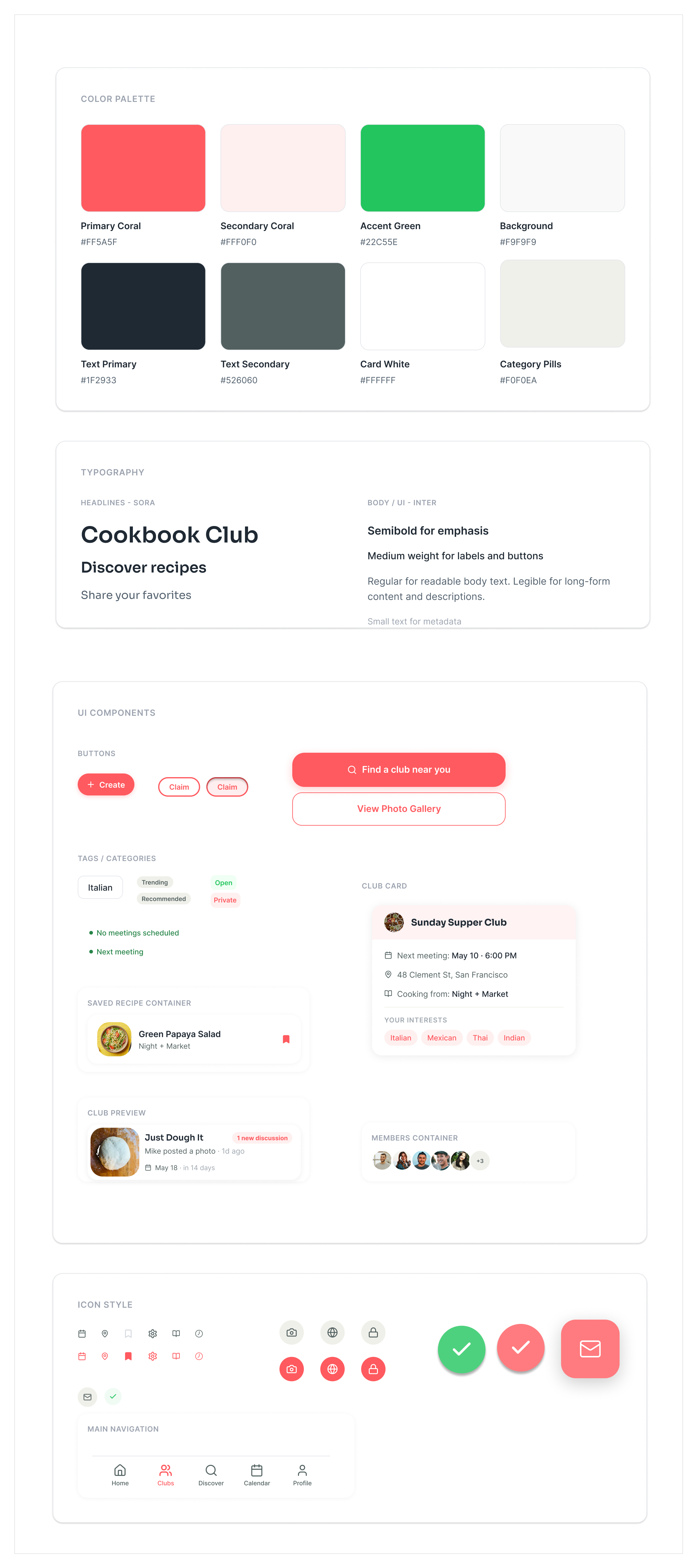 Cookbook Club UI kit: color palette (coral, accent green, neutrals), Sora headline and Inter body type scale, and reusable components including buttons, tags, club cards, recipe containers, member groups, and the main navigation.