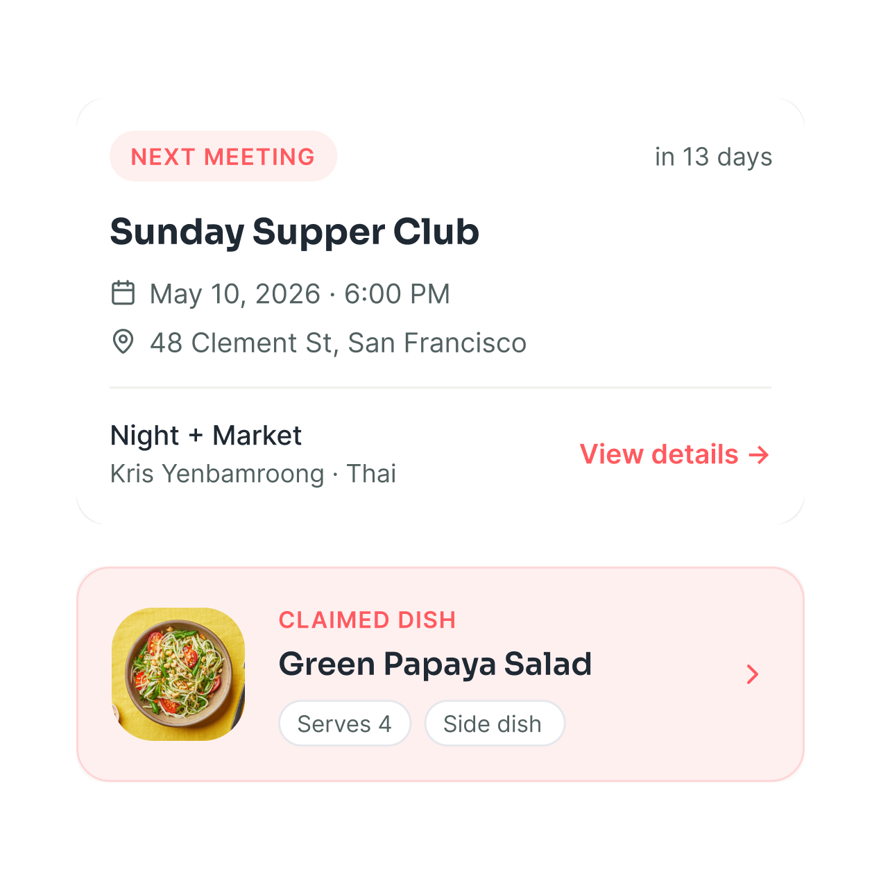 Cookbook Club home: a card for the club's next meeting and a card showing the dish you have claimed to bring