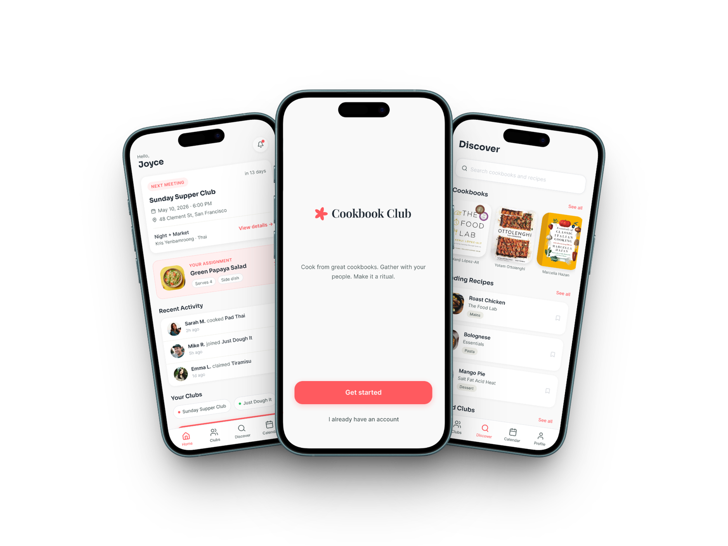 Cookbook Club shown across three iPhones: the home dashboard, the welcome screen, and the discover feed of cookbooks and recipes.