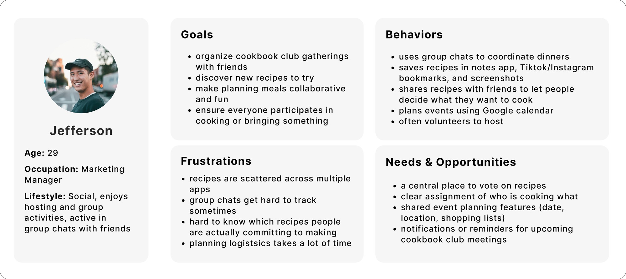Jefferson persona card. Age 29, Marketing Manager. Goals: organize cookbook club gatherings, discover new recipes, make planning collaborative and fun, and ensure everyone participates. Behaviors: coordinates dinners over group chats, saves recipes in notes and social bookmarks, plans events in Google Calendar, and often volunteers to host. Frustrations: recipes scattered across apps, group chats hard to track, and unclear who is actually committing. Needs and opportunities: a central place to vote on recipes, clear cooking assignments, shared event planning, and reminders for upcoming meetings.