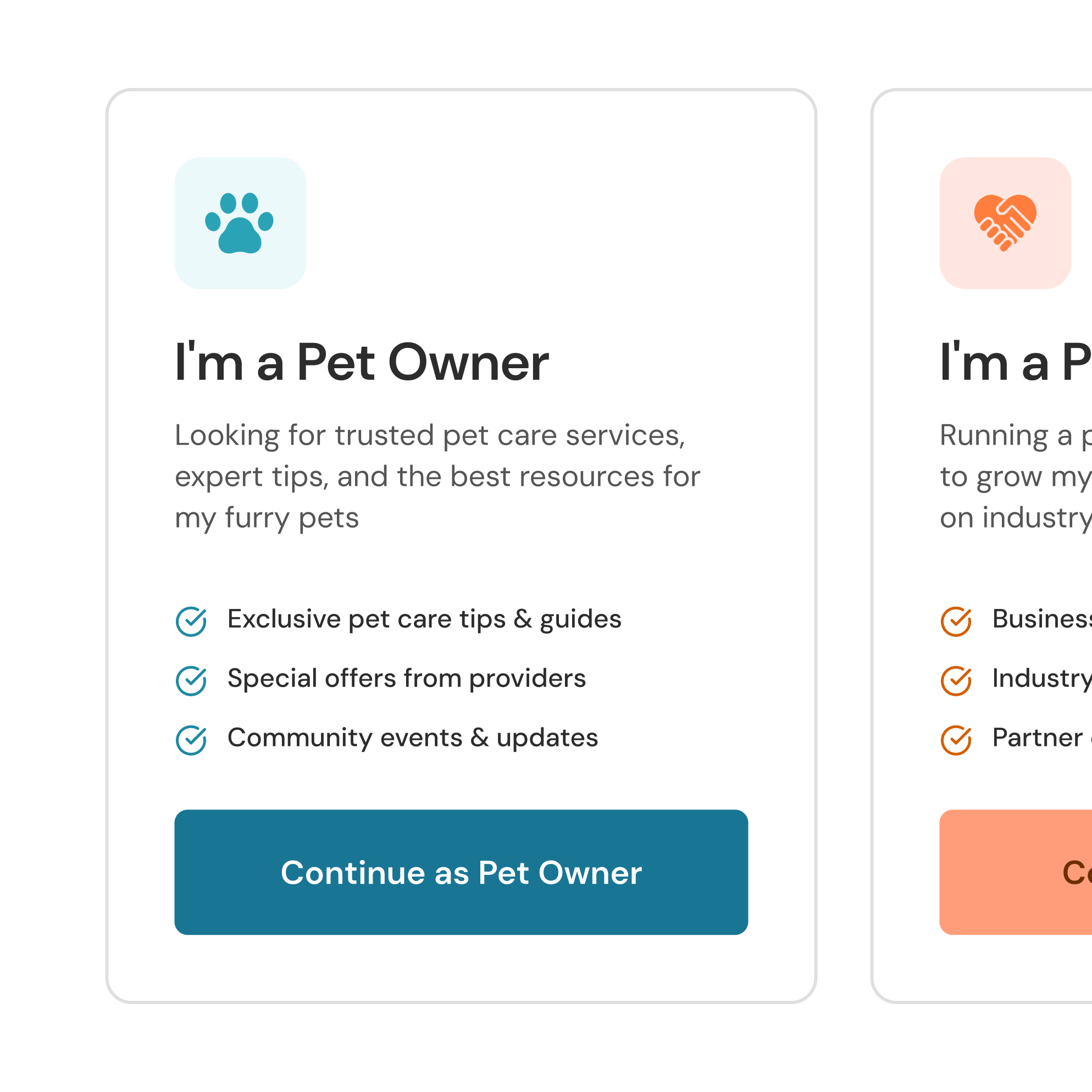 TiriVelo sign-up: side-by-side cards letting a visitor continue as a pet owner or as a pet provider