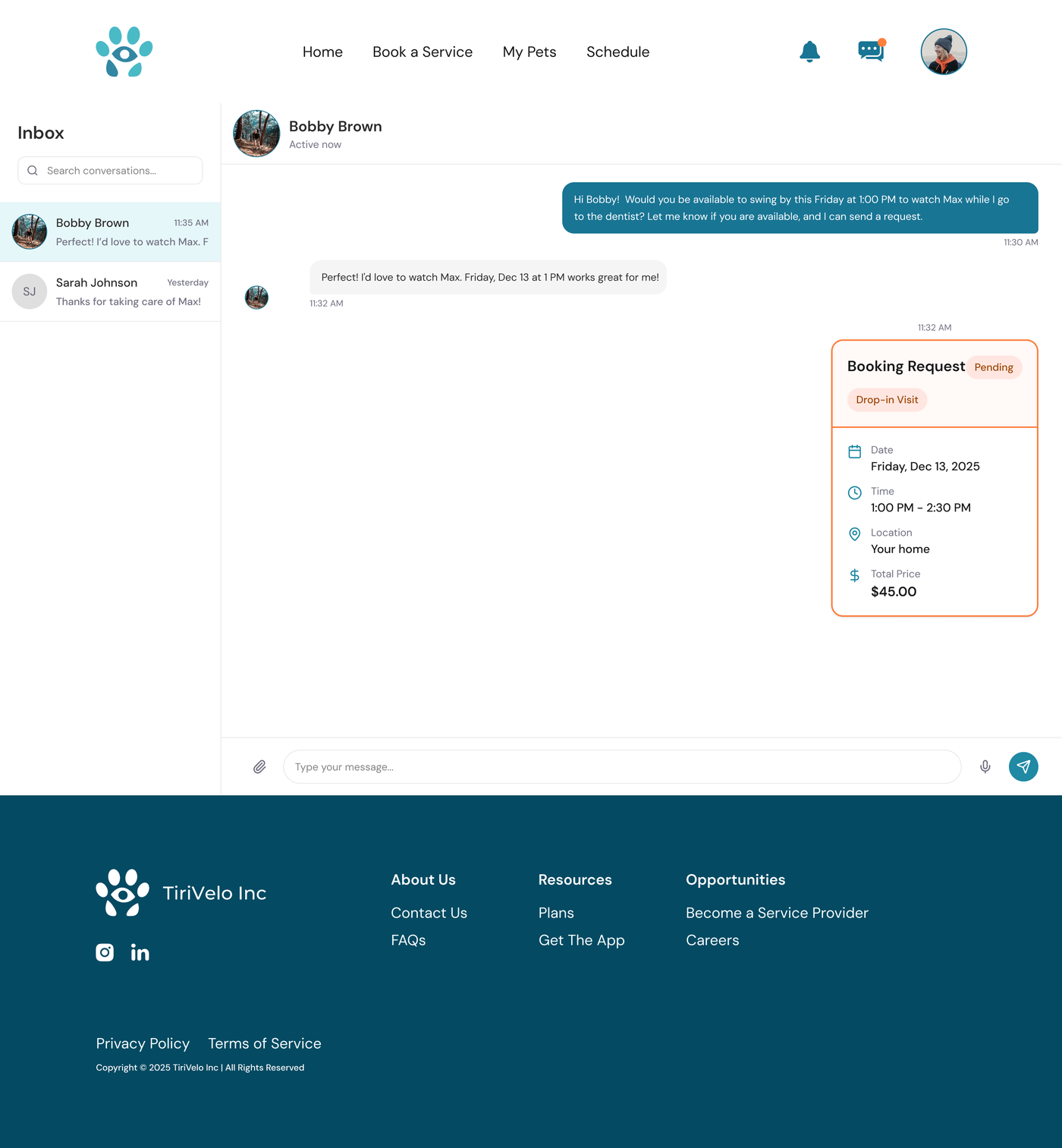 Messaging screen with a sent booking request card marked Pending, showing date, time, location, and total price.