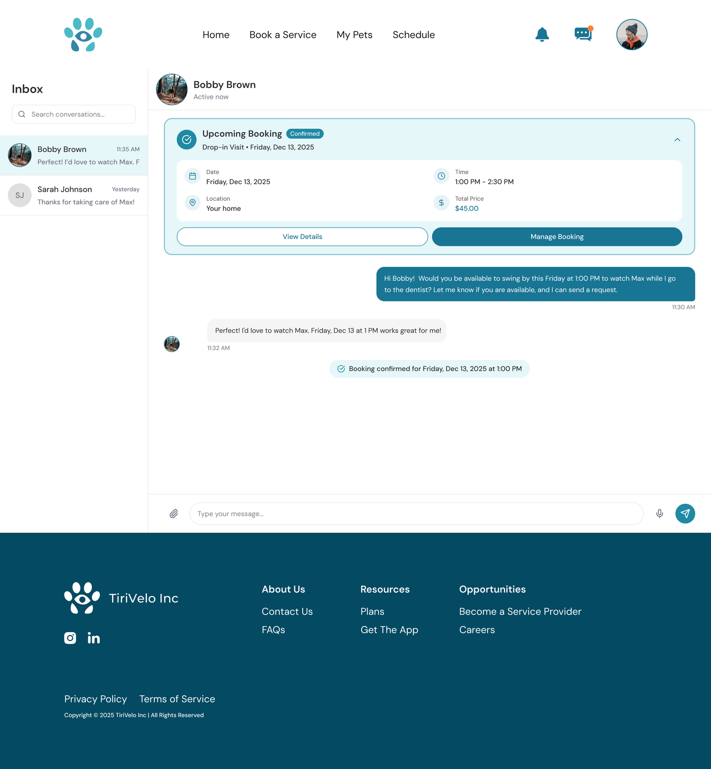 Messaging screen with a confirmed Upcoming Booking card pinned to the top of the chat, with view-details and manage-booking actions.