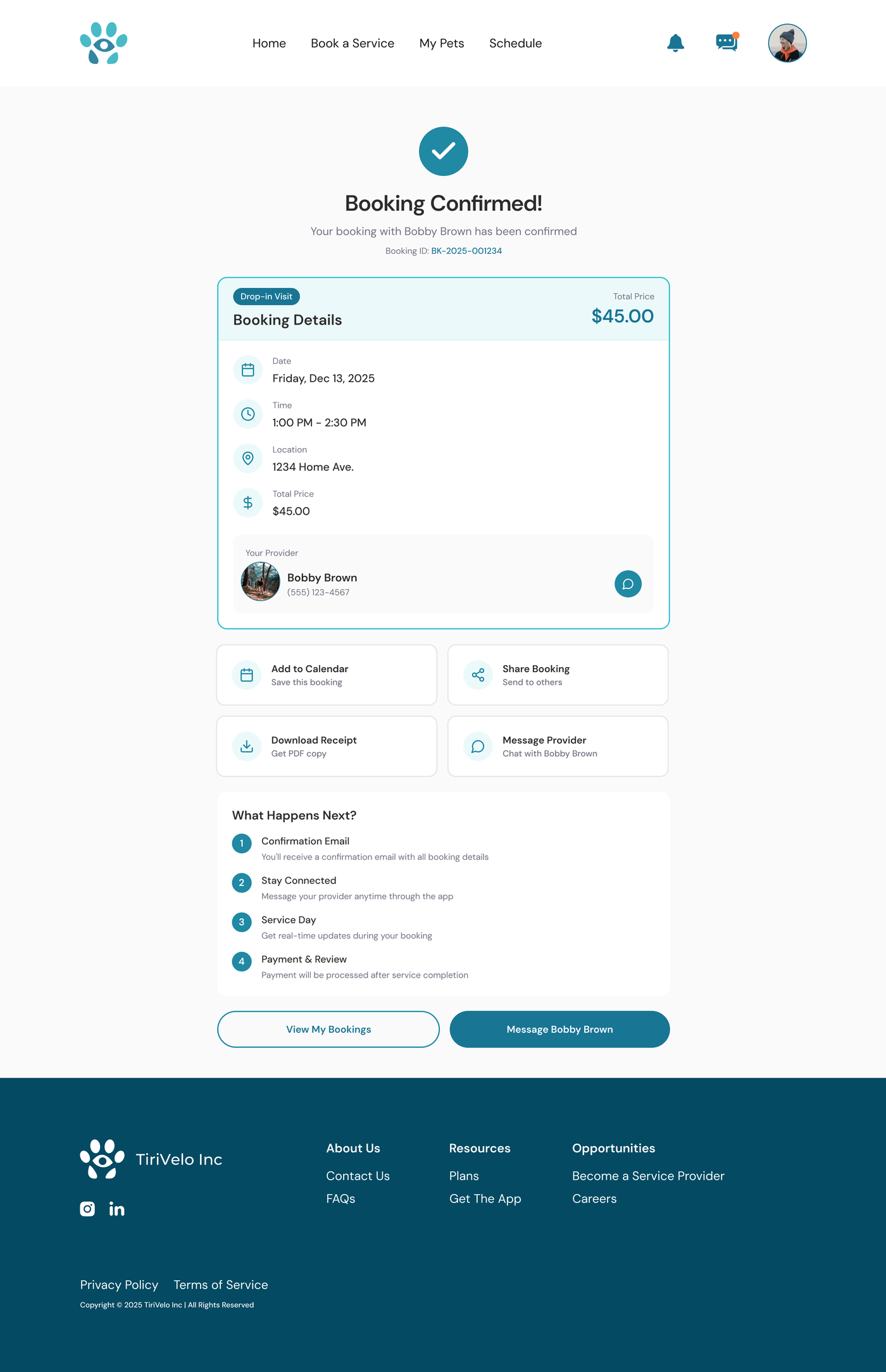 Booking Confirmed success page repeating the details with add-to-calendar, share, receipt, message-provider actions, and a what-happens-next list.
