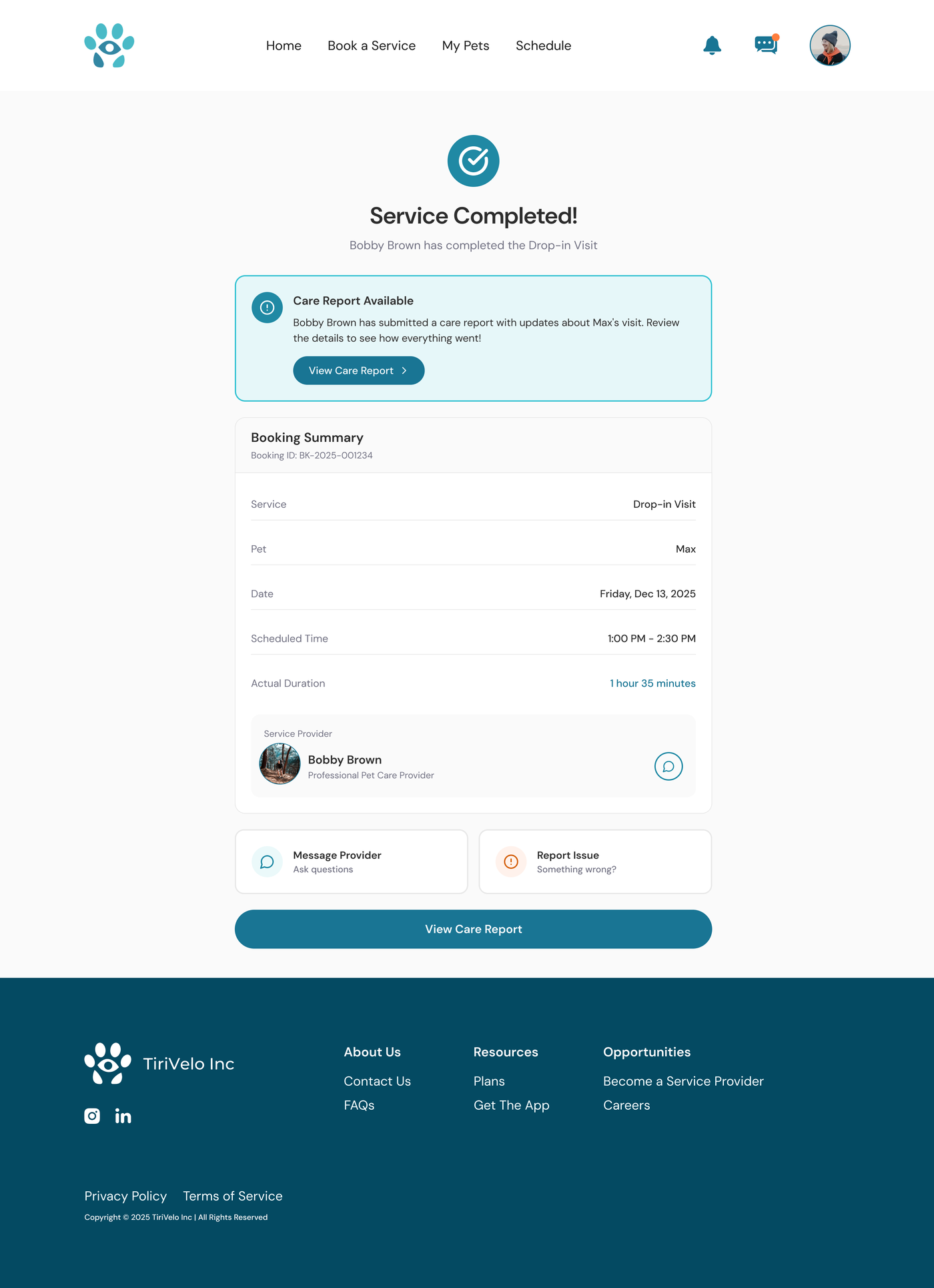 Service Completed page with a care-report-available banner and a booking summary including actual visit duration.