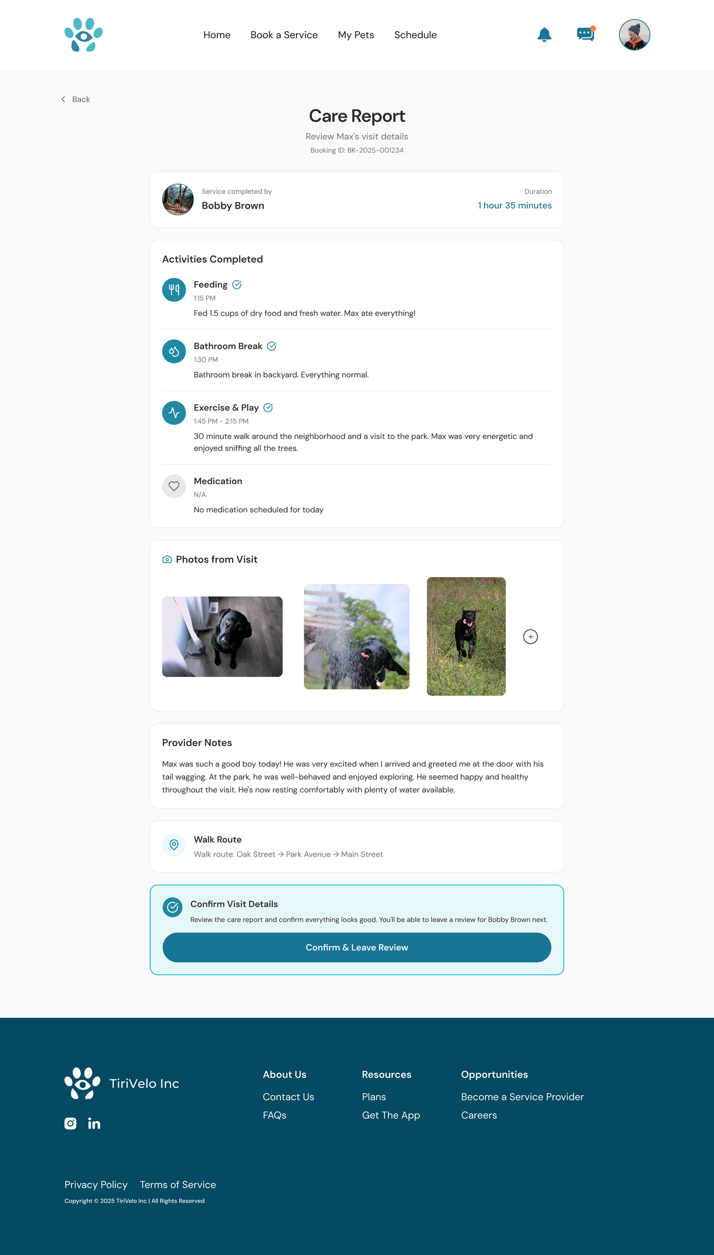 Care Report page detailing completed activities, photos from the visit, provider notes, and a walk route, ending in confirm and leave review.