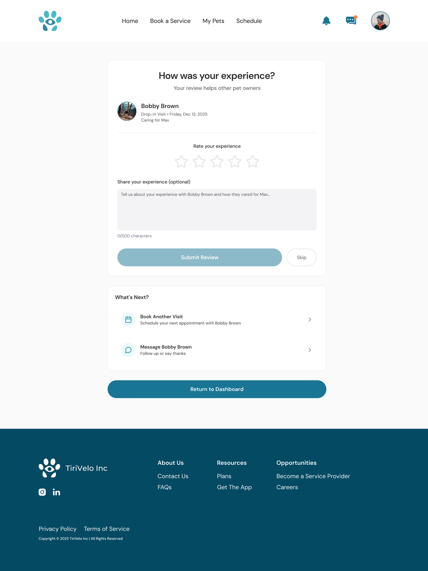 How was your experience review page with a star rating, optional written feedback, and prompts to book again or message the provider.