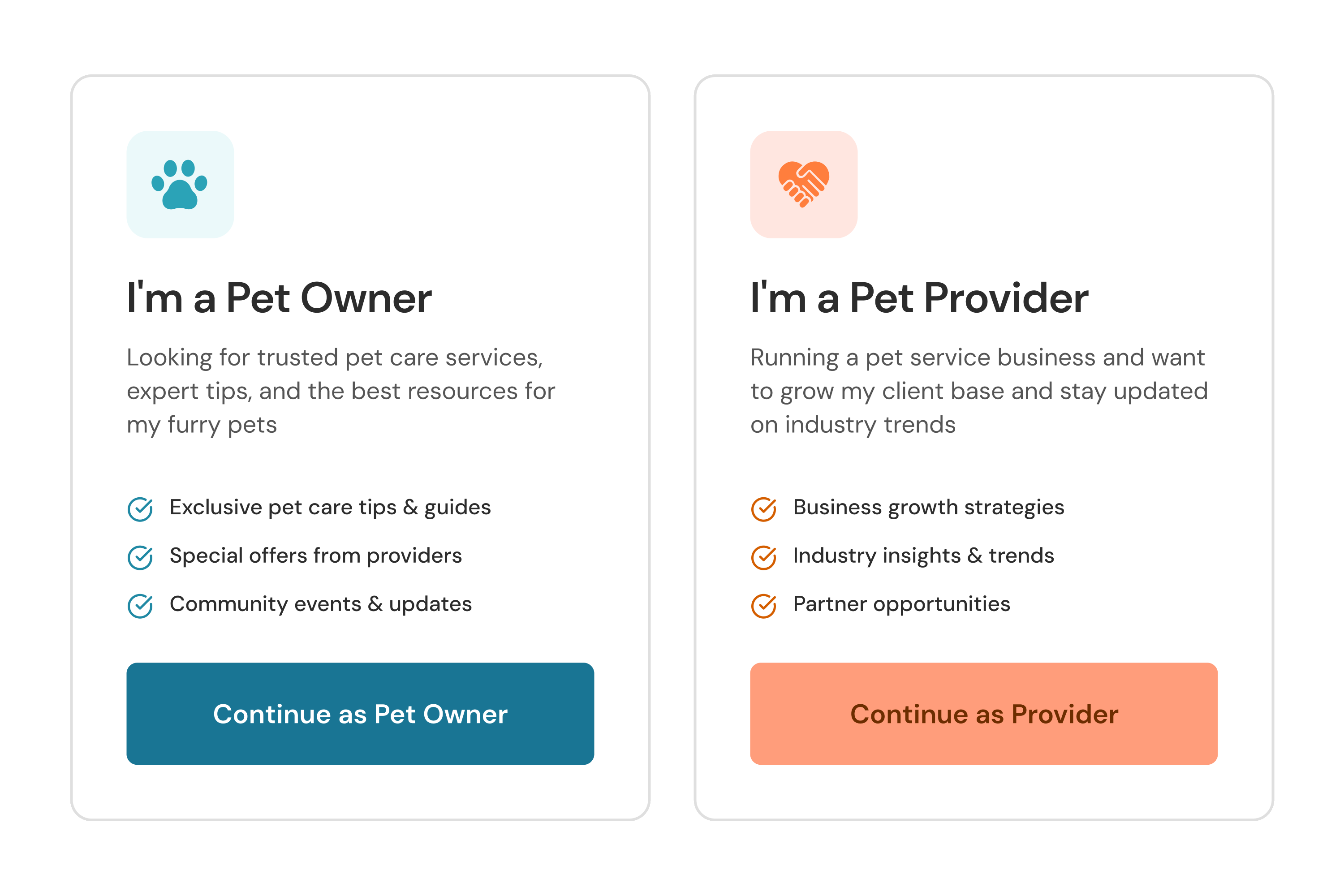 TiriVelo sign-up: side-by-side cards letting a visitor continue as a pet owner or as a pet provider, each listing what they get.