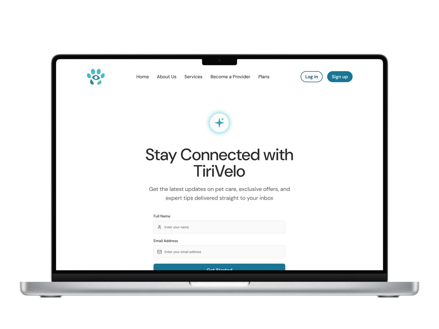TiriVelo's Stay Connected newsletter page shown on a laptop: the top navigation, the headline, and a sign-up form with name and email fields.