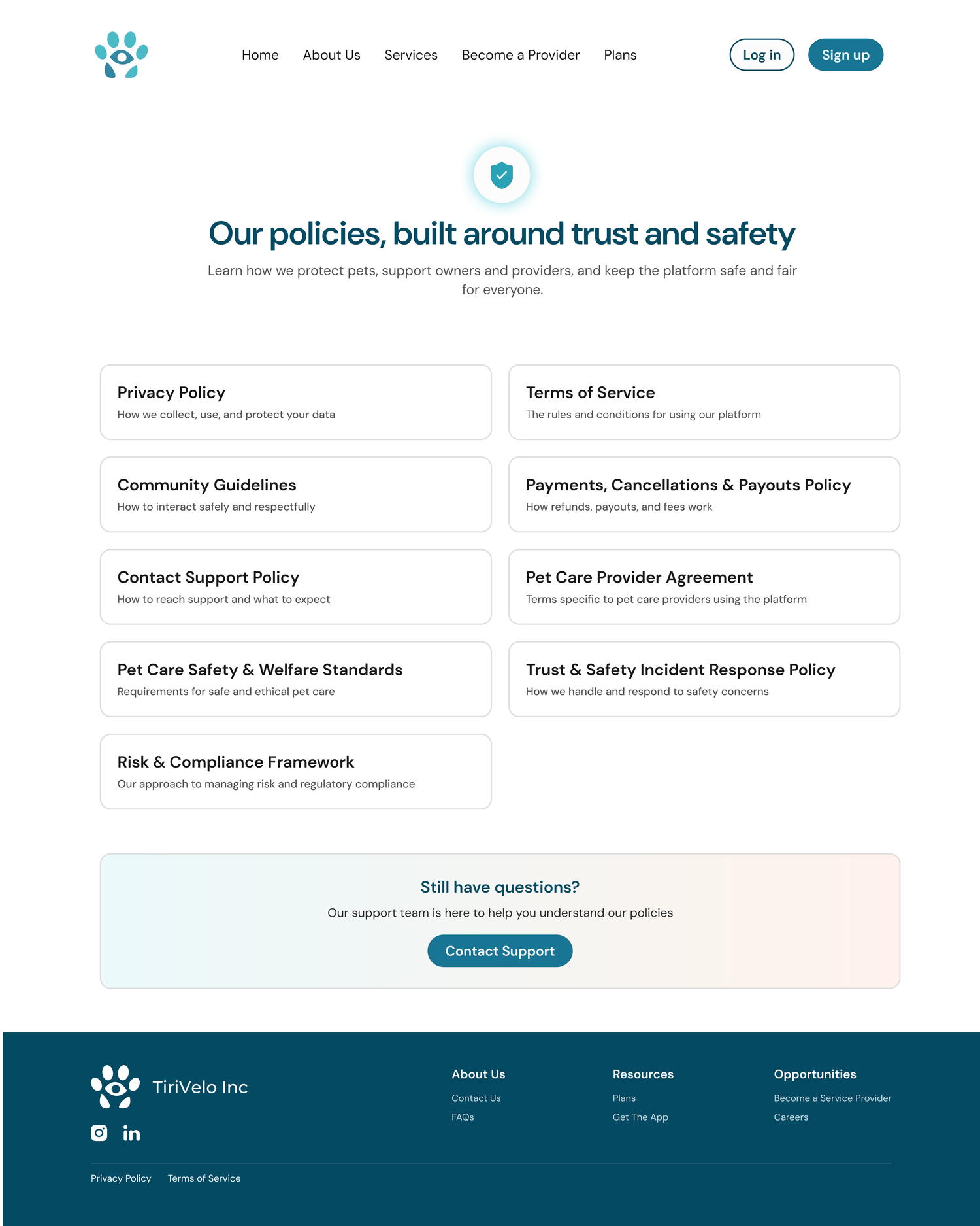 Legal Hub page: the policy card grid with quick access to privacy, terms, community guidelines, payments, safety, and compliance policies.
