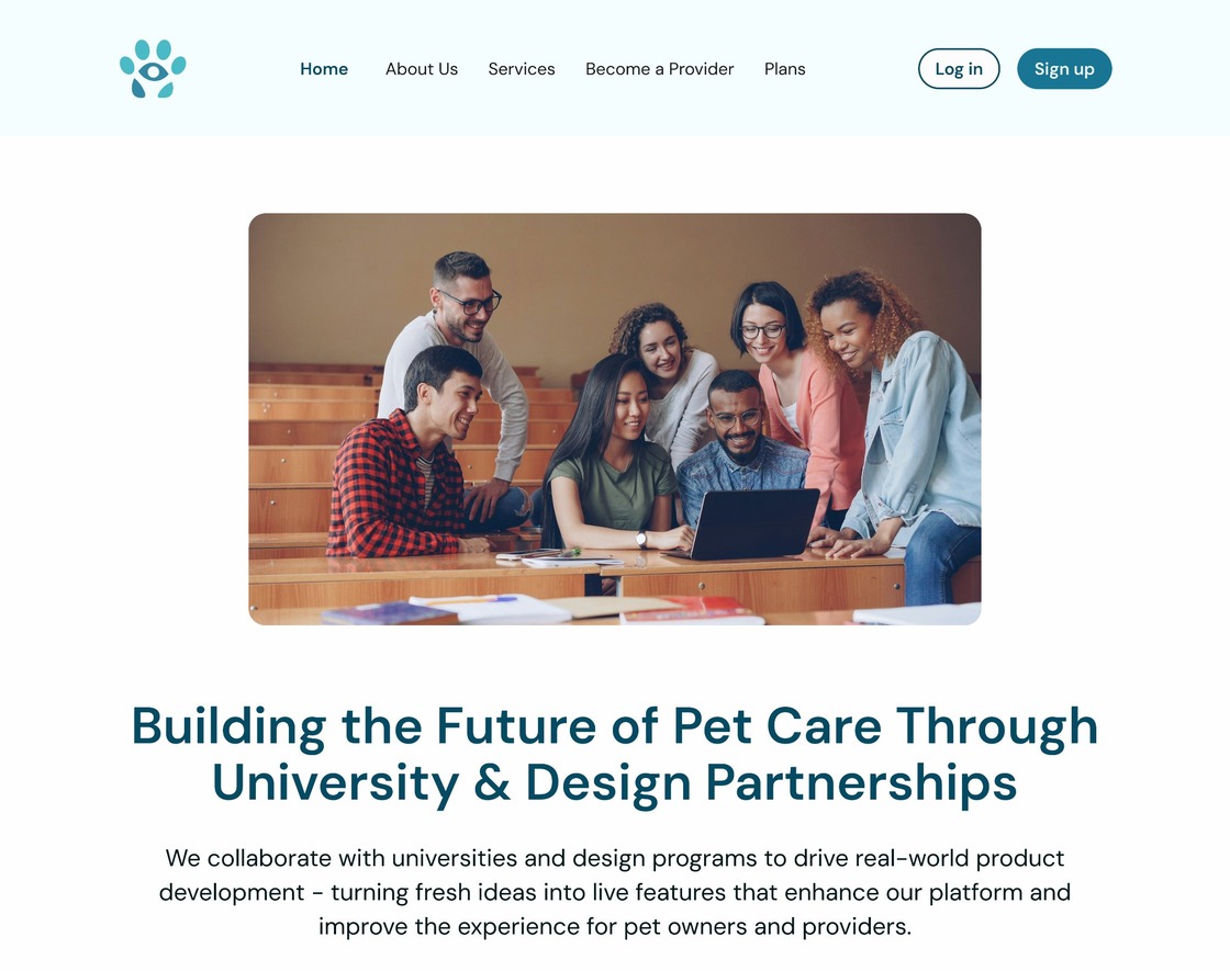 Partnerships page hero: a group photo and the headline about building the future of pet care through university and design partnerships.