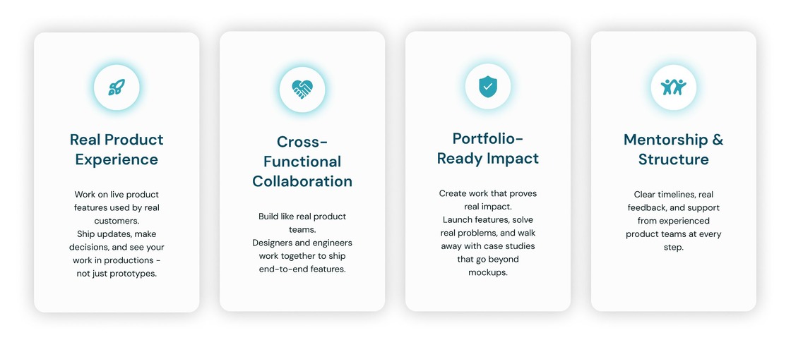 Partnerships page value cards: real product experience, cross-functional collaboration, portfolio-ready impact, and mentorship and structure.