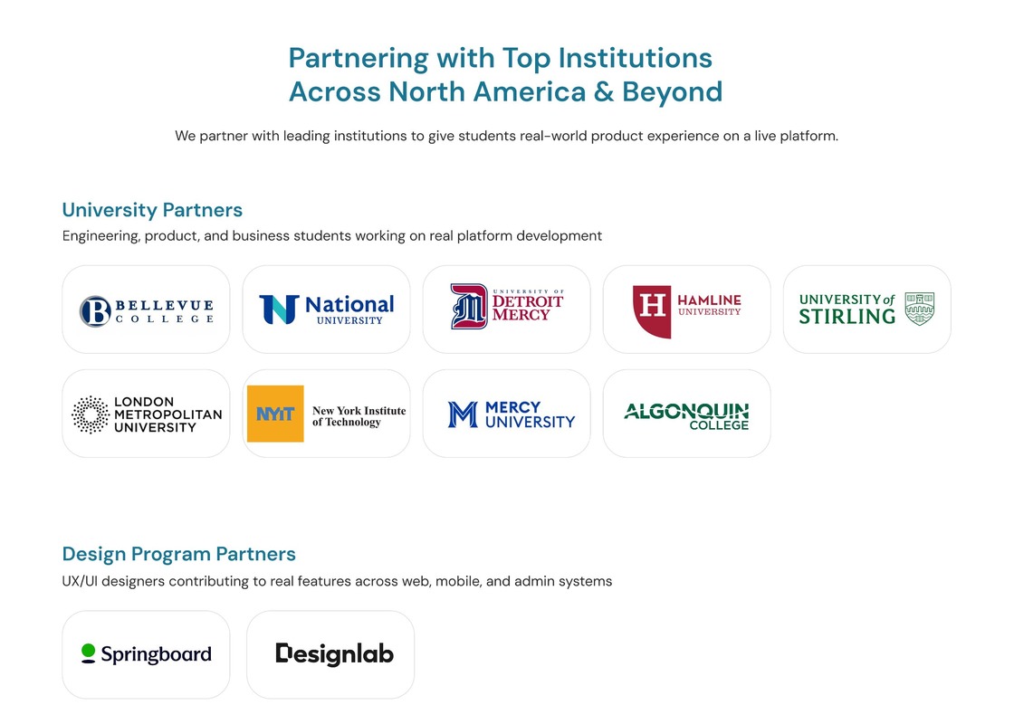 Partnerships page partner logos: a grid of university partners and design program partners.