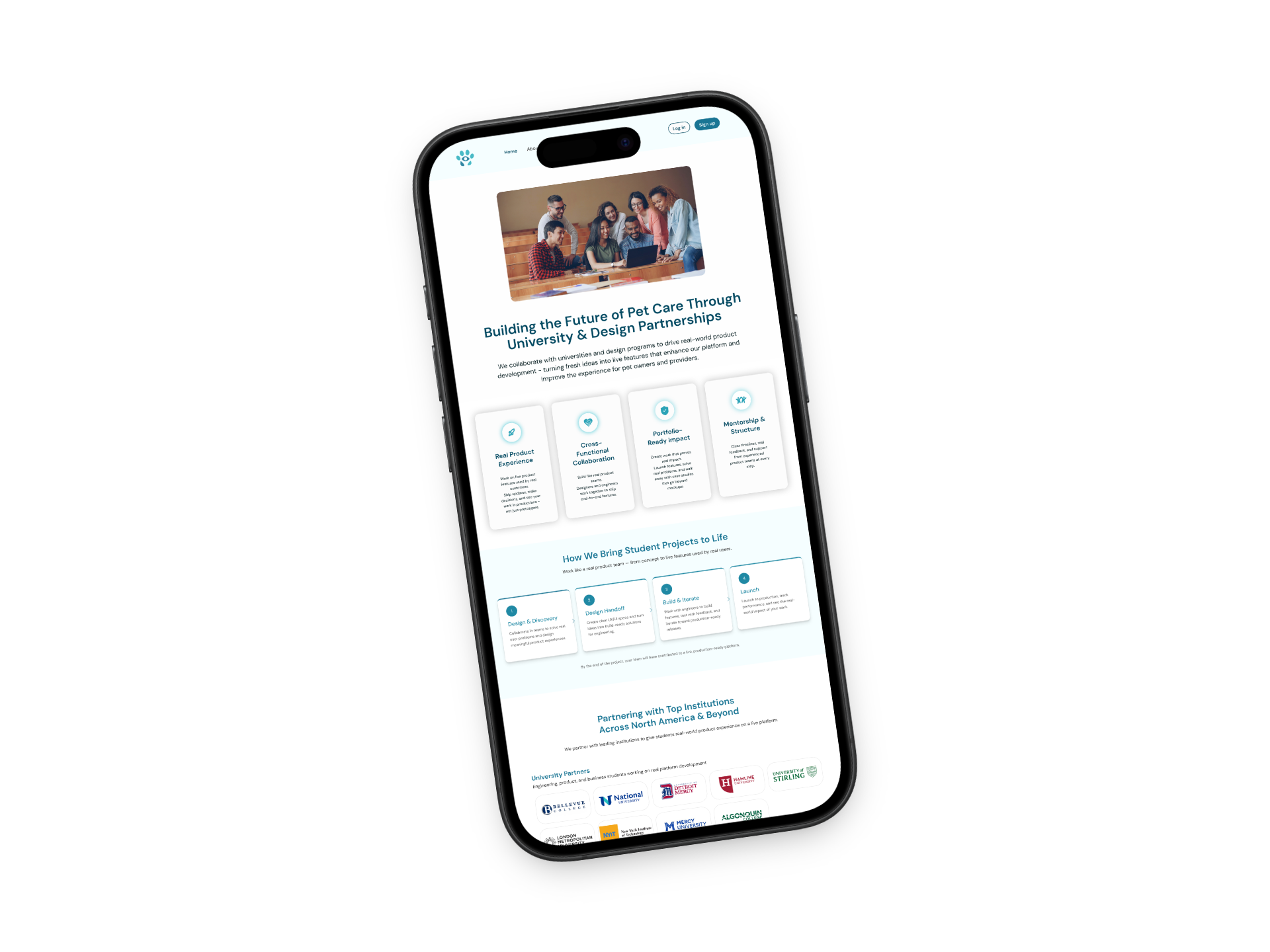 The University and Design Partnerships page shown on a phone: a credibility hero, value cards, a how-it-works flow, and partner institution logos.