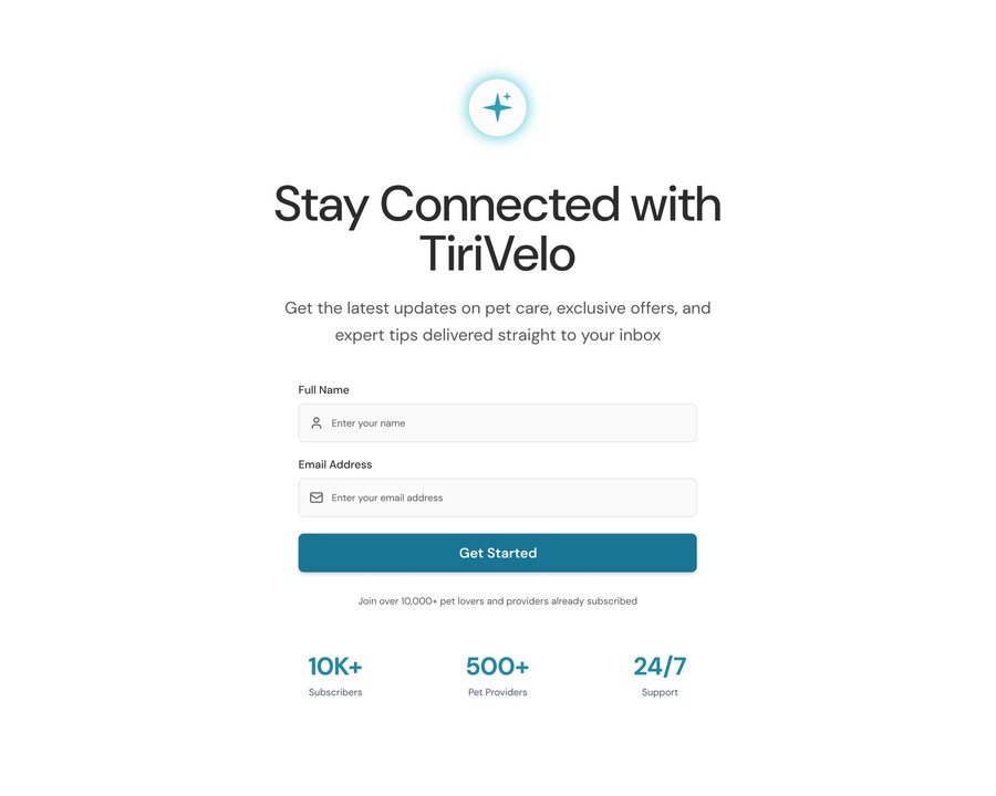 Step one: name and email, with a single Get Started button.