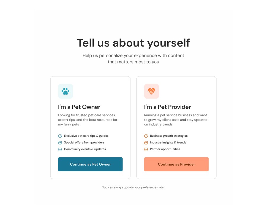 Step two: choose whether you are a pet owner or a pet provider.