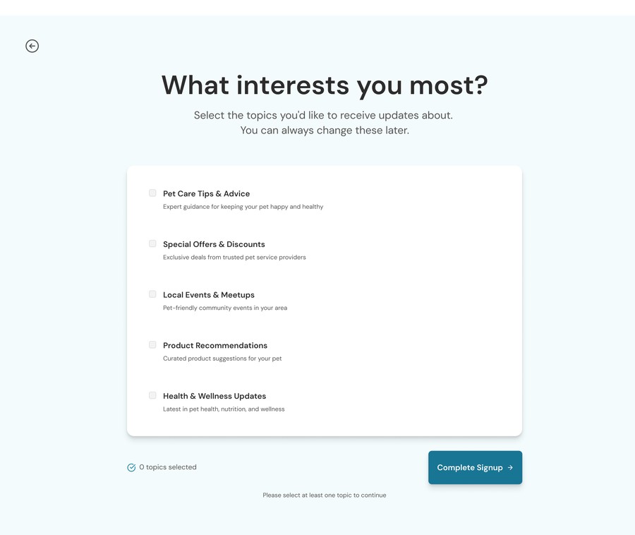Step three: pick the topics you want updates about.