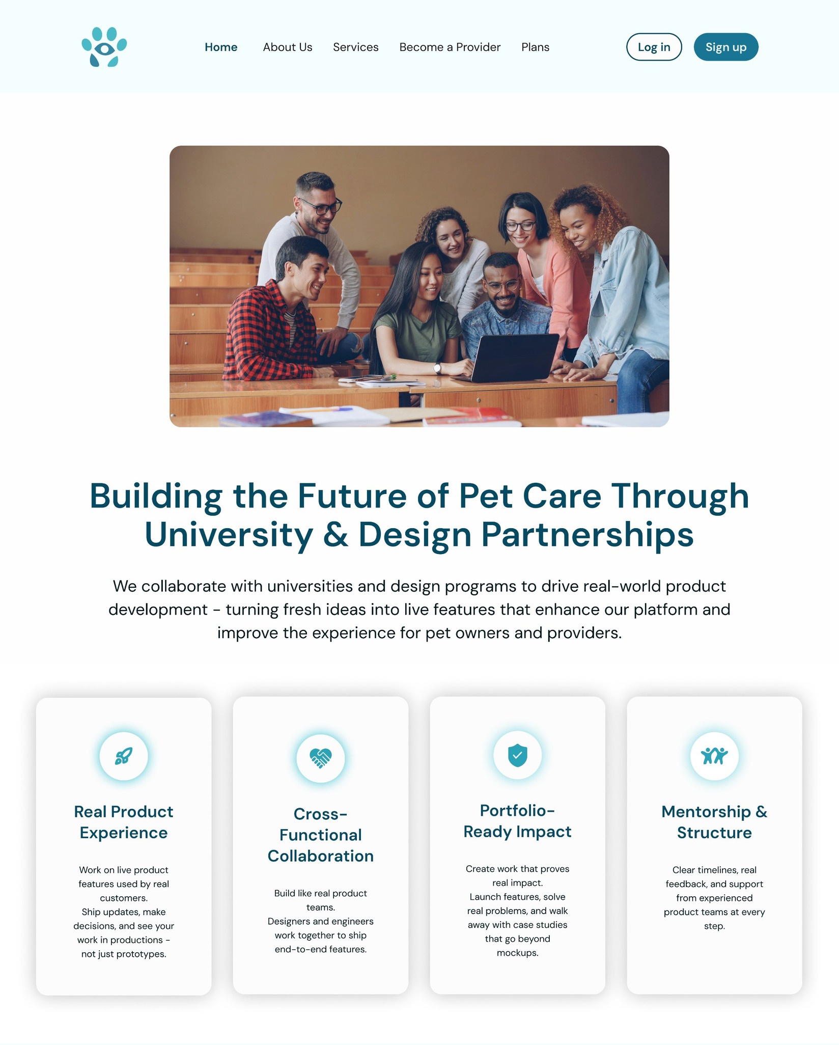 The University and Design Partnerships page: a credibility hero, four value cards explaining what students get, a four-step how-it-works flow, and a grid of partner institution logos.