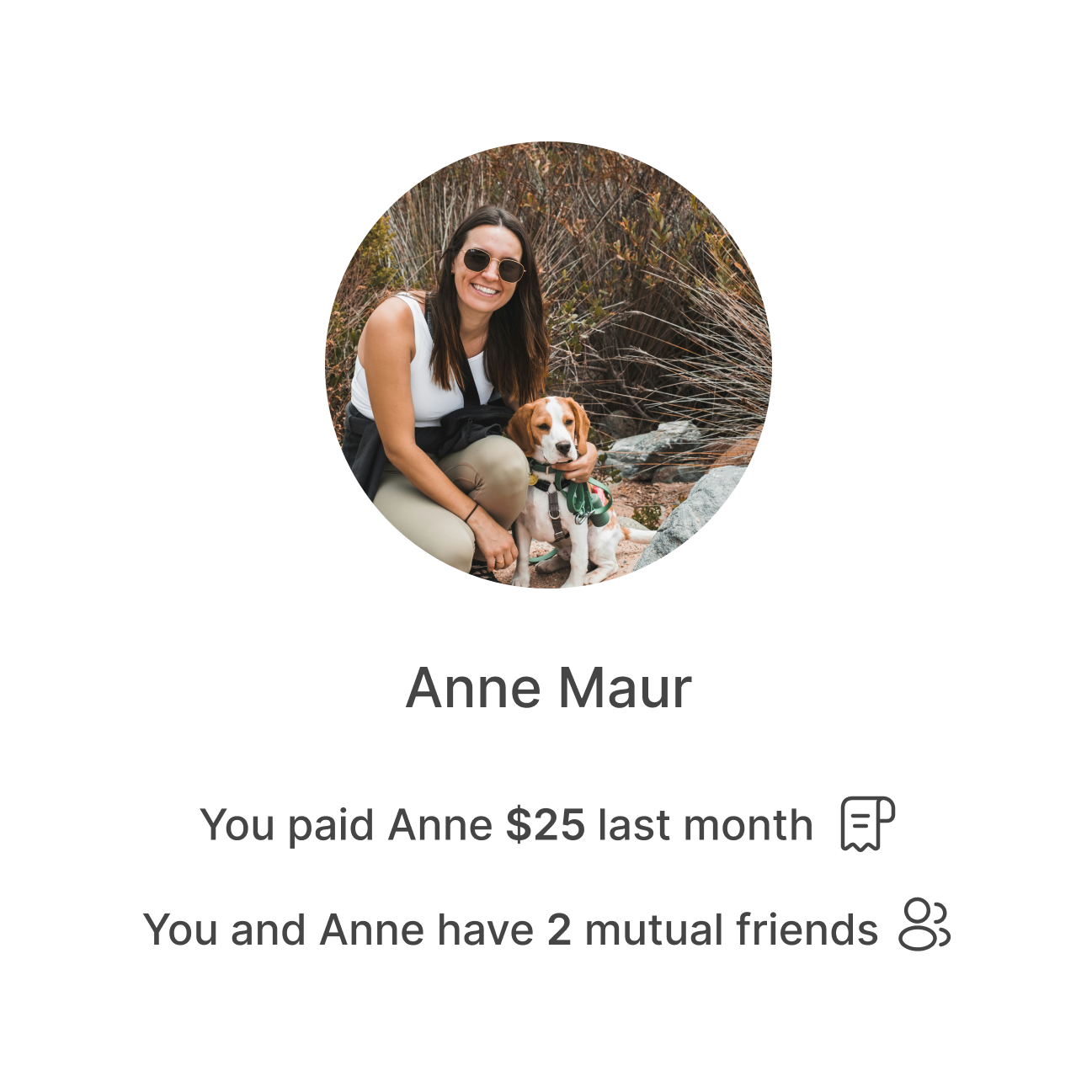 Venmo recipient confirmation: the recipient's photo with reminders that you paid her $25 last month and share two mutual friends