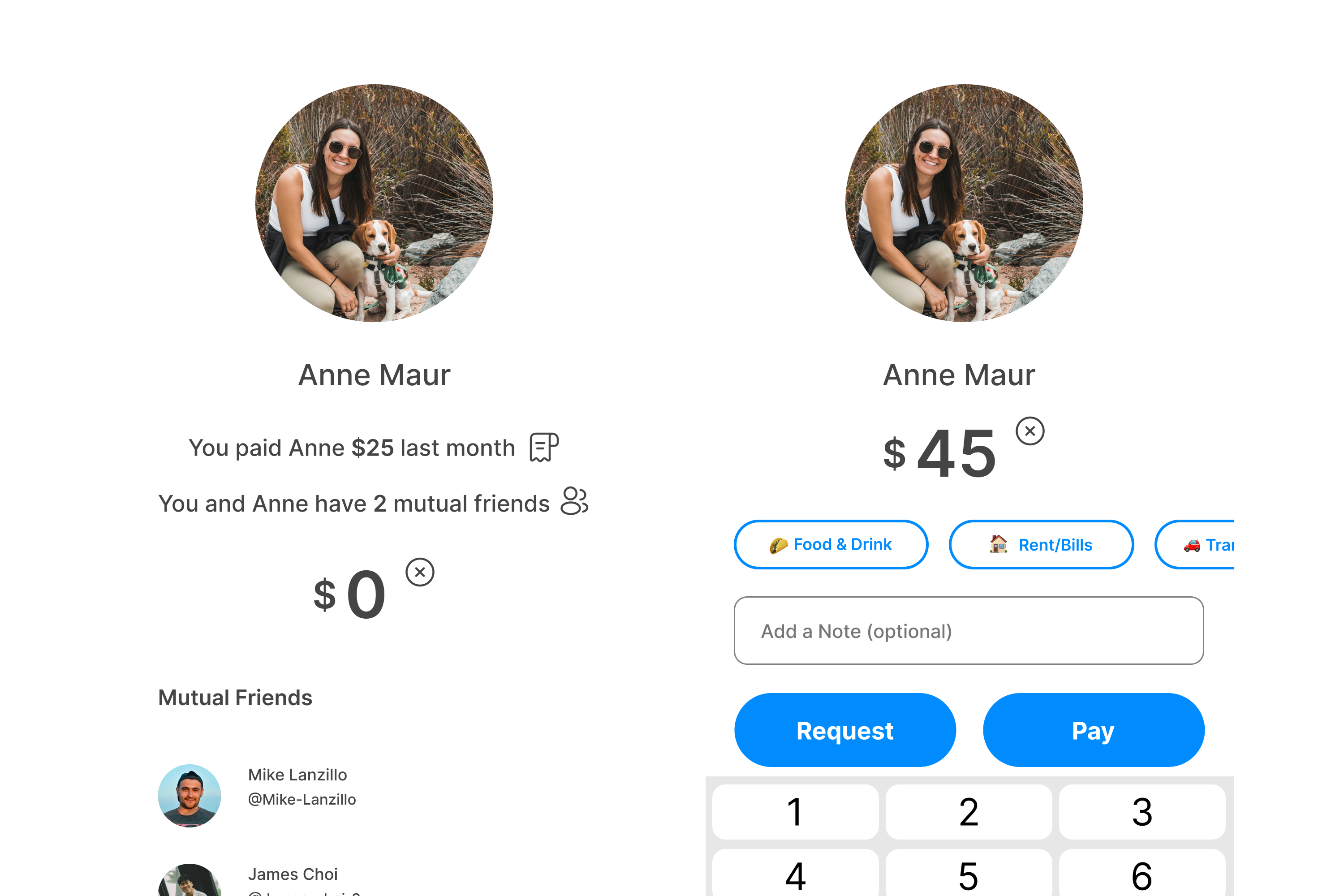 Two Venmo screens side by side: the recipient-confirmation screen showing Anne Maur's photo, that you paid her $25 last month and share two mutual friends; then the payment screen where you enter an amount and choose Request or Pay.