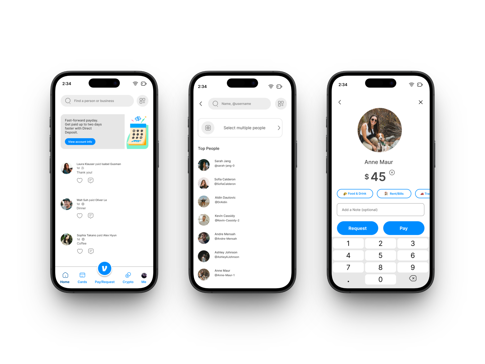 High-fidelity Venmo recipient-confirmation flow across three iPhone screens: home feed, recipient search, and the pay screen for Anne Maur.