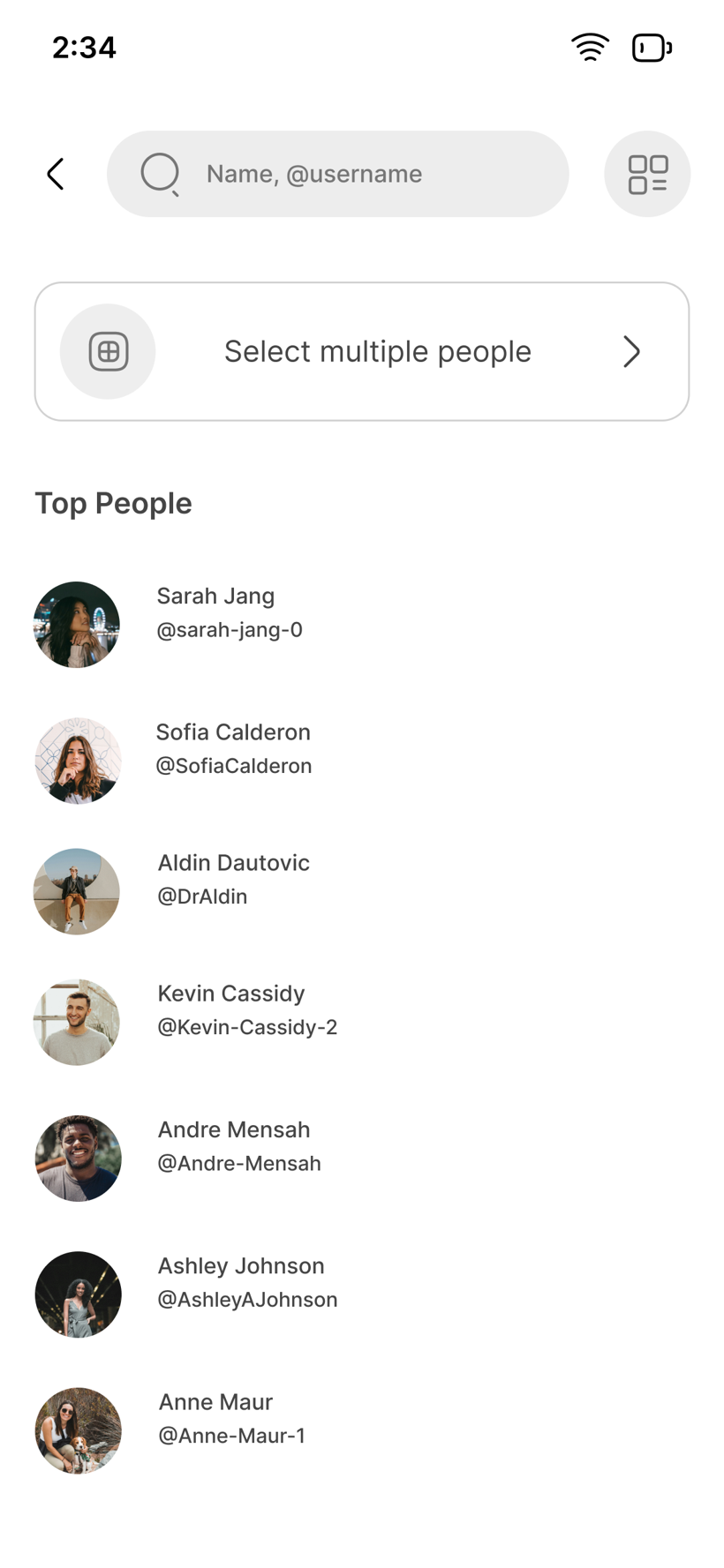Recipient search screen with a Name or username field, a Select multiple people option, and a Top People list of contacts.