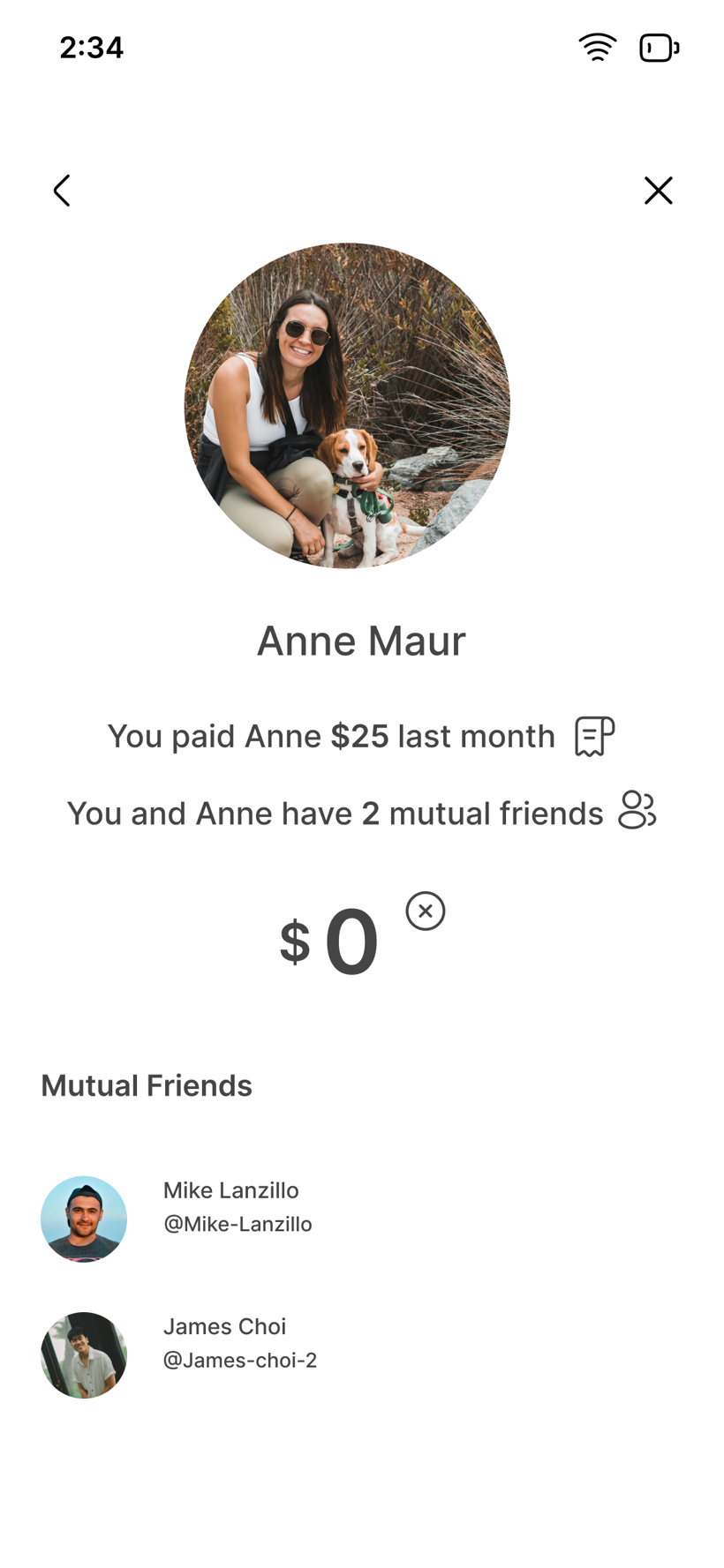 Recipient preview for Anne Maur showing 'You paid Anne $25 last month', 'You and Anne have 2 mutual friends', and a mutual-friends list.