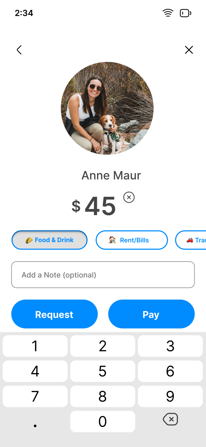 Payment amount screen for Anne Maur showing $45, category chips like Food & Drink and Rent/Bills, a note field, and Request and Pay buttons.