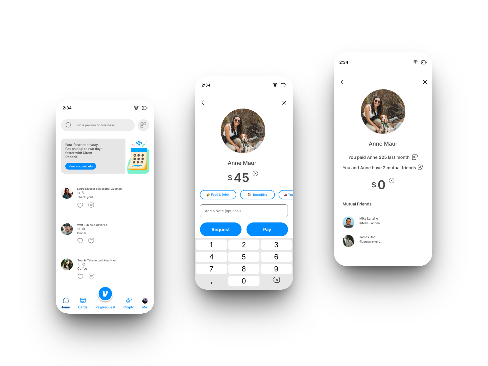 High-fidelity final screens on three phones: the home feed, the pay screen with category chips and a memo field, and the recipient preview showing last-payment context and mutual friends.