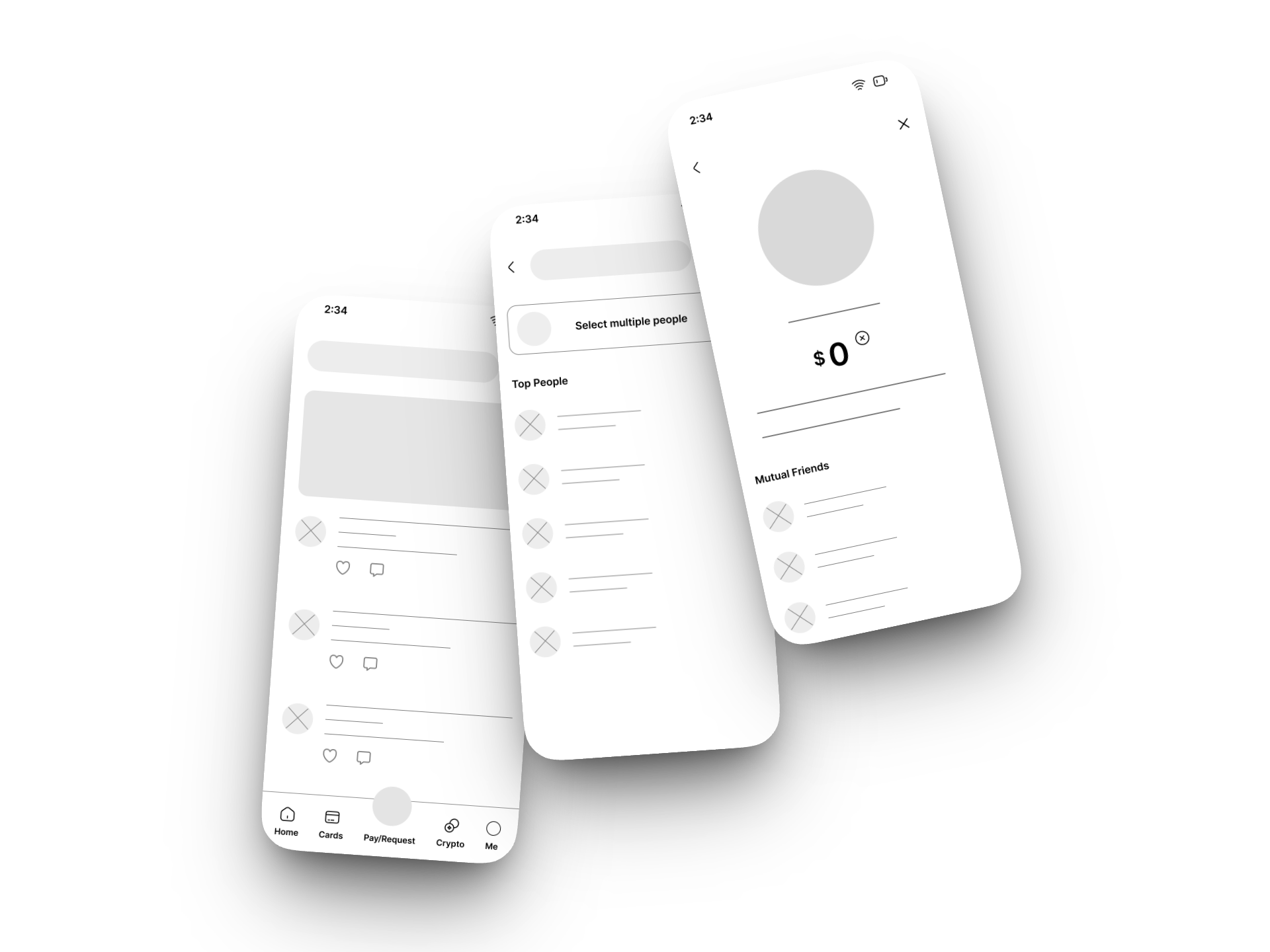 Low-fidelity wireframes of the send flow on three phone screens: the home feed, the select-people search, and the recipient preview before entering an amount.
