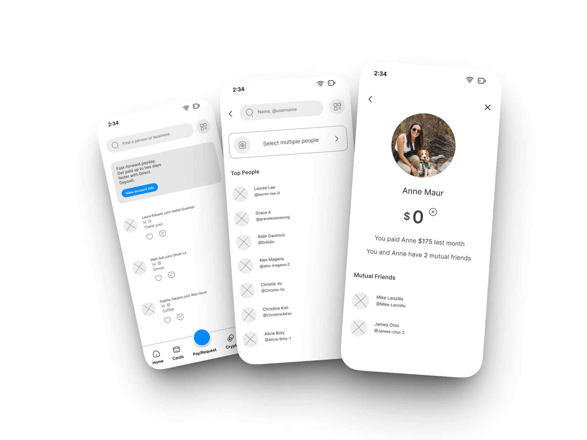 Mid-fidelity grayscale wireframes on three phone screens, including a recipient preview that surfaces last-payment context and mutual friends before sending.