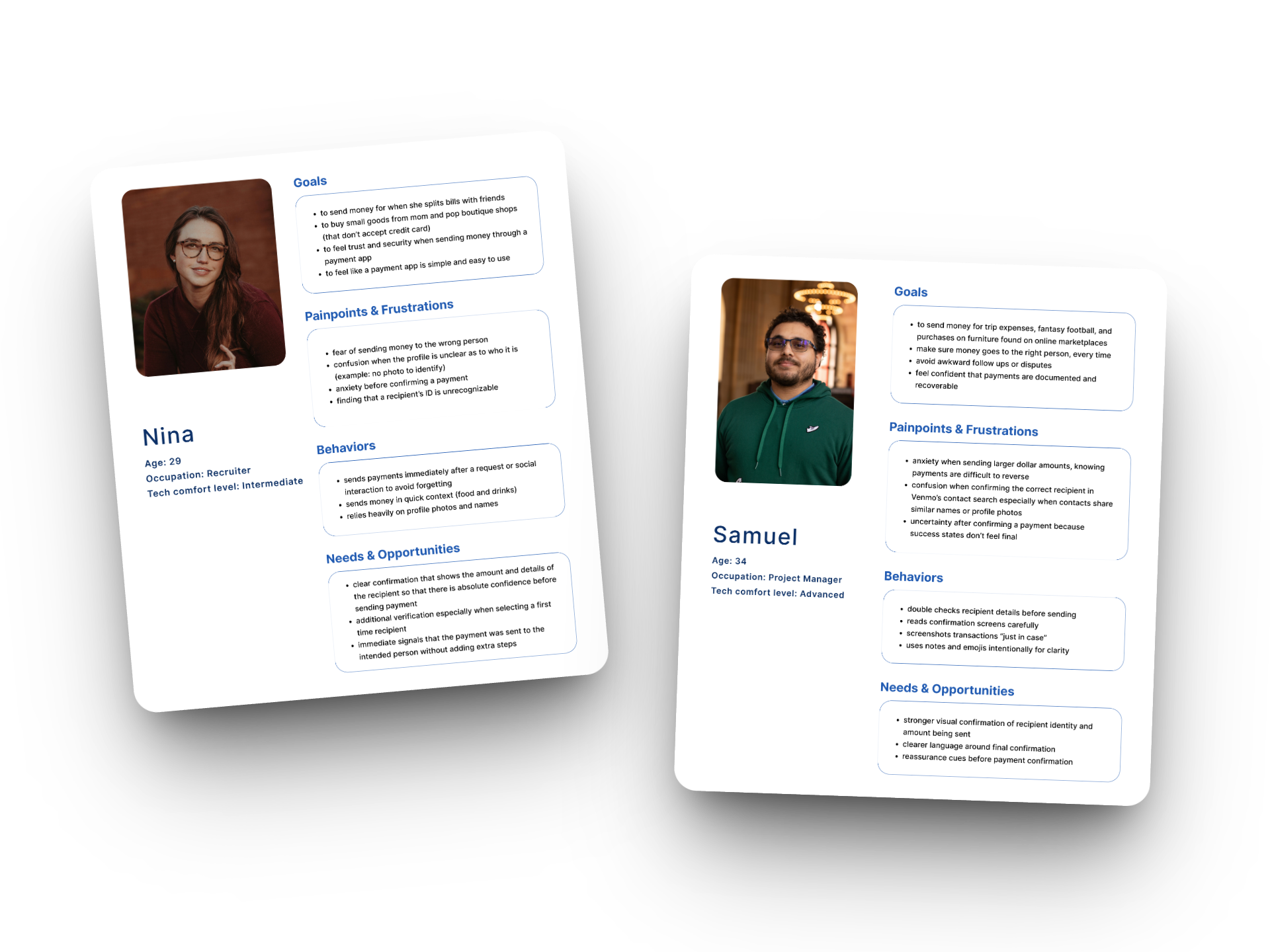 Two persona cards. Nina, 29, a recruiter with intermediate tech comfort; and Samuel, 34, a project manager with advanced tech comfort. Each lists goals, pain points, behaviors, and needs.